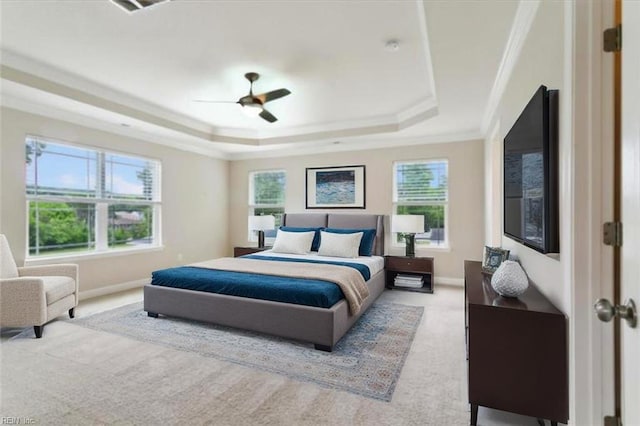 105 Brogden Ct, Hampton, VA 23666 - carpeted bedroom featuring a raised ceiling, crown molding, baseboards, and ceiling fan