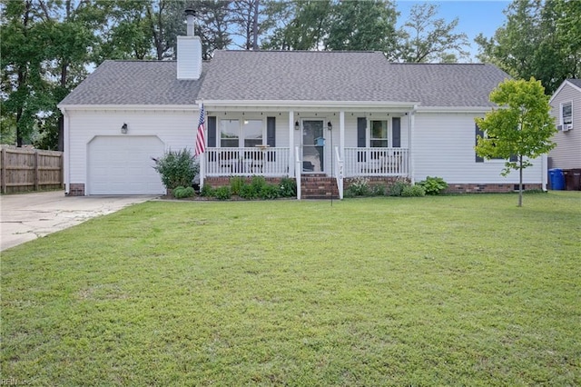 740 Hilda Pine Dr, Chesapeake, VA 23322 - ranch-style home with covered porch, an attached garage, a chimney, concrete driveway, and a shingled roof