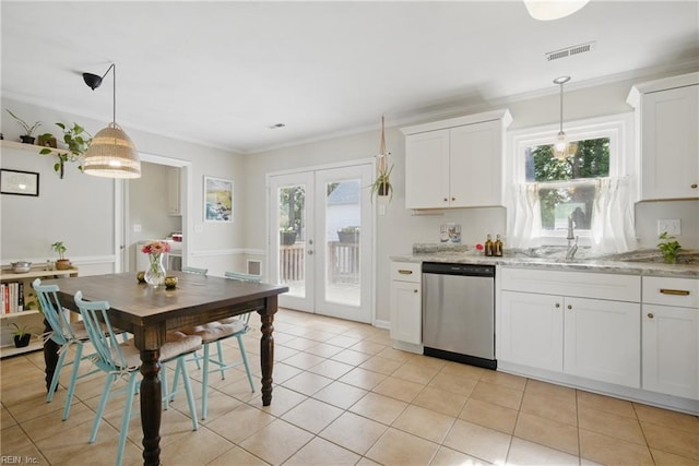 740 Hilda Pine Dr, Chesapeake, VA 23322 - kitchen with dishwasher, a sink, french doors, white cabinetry, and ornamental molding