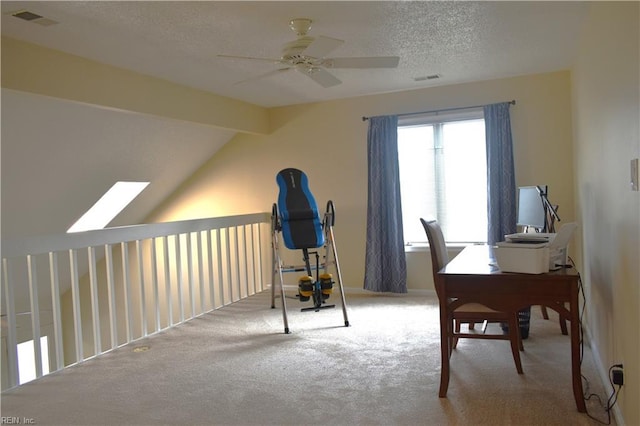 1176 Pond Cypress Dr, Virginia Beach, VA 23455 - carpeted office space with ceiling fan, a textured ceiling, lofted ceiling, and a skylight