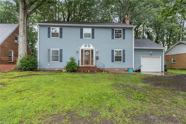 744 Village Green Pkwy, Newport News, VA 23602 - colonial home featuring a chimney, a front yard, a garage, crawl space, and driveway