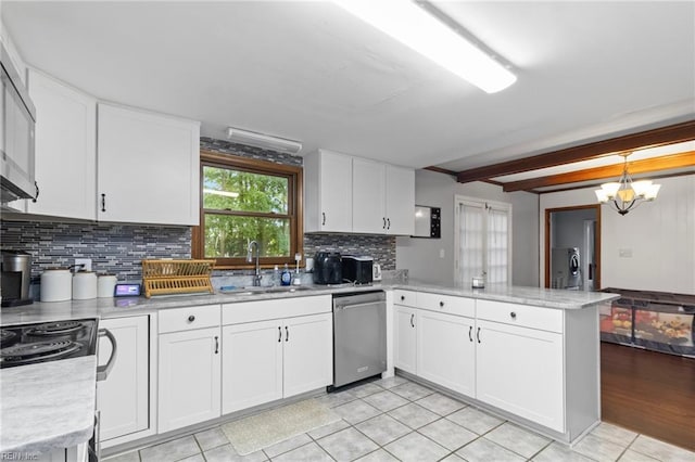 744 Village Green Pkwy, Newport News, VA 23602 - kitchen featuring stainless steel dishwasher, a peninsula, backsplash, a sink, and white cabinets