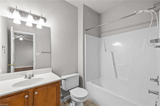 408 Coastal Walk Pl Unit 102, Virginia Beach, VA 23451 - bathroom featuring vanity, toilet, shower / washtub combination, ceiling fan, and tile patterned floors