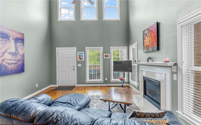 106 Edith Wharton Sq, Newport News, VA 23606 - living room featuring a high ceiling, wood finished floors, a high end fireplace, and baseboards