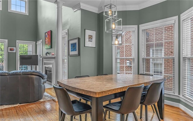 106 Edith Wharton Sq, Newport News, VA 23606 - dining room with light wood-style flooring, healthy amount of natural light, a glass covered fireplace, baseboards, and ornamental molding