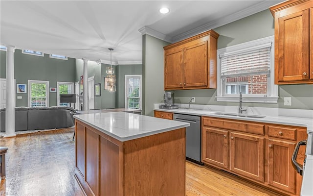 106 Edith Wharton Sq, Newport News, VA 23606 - kitchen featuring dishwasher, decorative columns, a sink, a kitchen island, and open floor plan