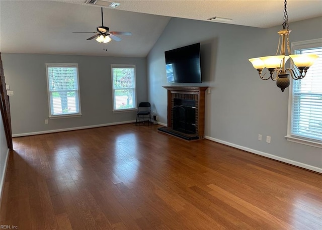 2304 Londale Ct, Virginia Beach, VA 23456 - unfurnished living room with wood finished floors, a chandelier, a fireplace, baseboards, and a ceiling fan