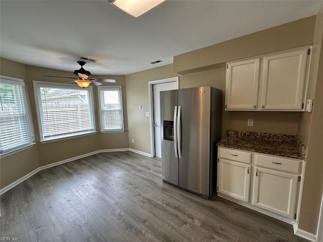 2304 Londale Ct, Virginia Beach, VA 23456 - kitchen featuring stainless steel fridge, wood finished floors, white cabinetry, ceiling fan, and baseboards