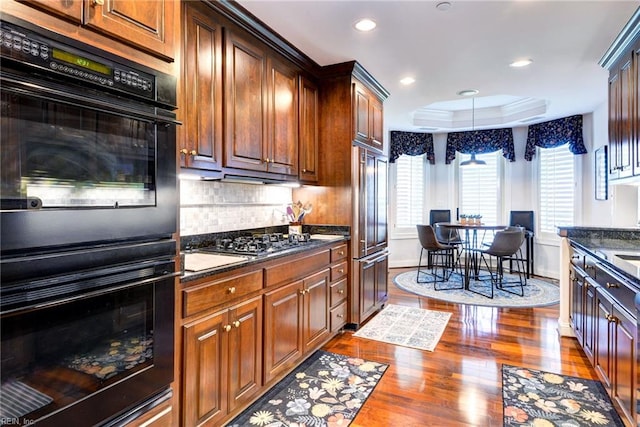 509 River Blfs, Williamsburg, VA 23185 - kitchen with stainless steel appliances, a tray ceiling, wood finished floors, decorative backsplash, and recessed lighting
