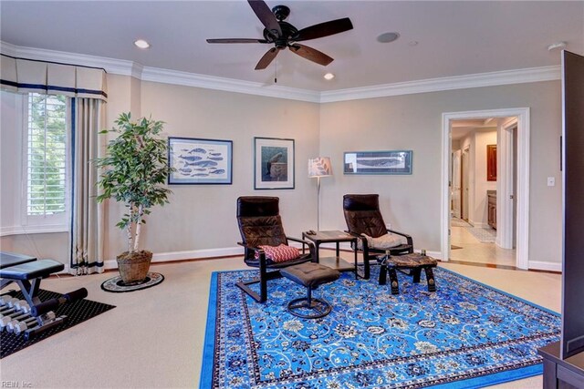 509 River Blfs, Williamsburg, VA 23185 - sitting room featuring crown molding, baseboards, a ceiling fan, and recessed lighting