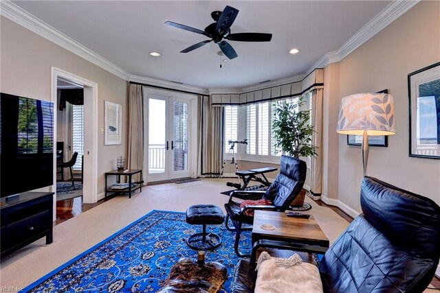 509 River Blfs, Williamsburg, VA 23185 - living area with ornamental molding, baseboards, recessed lighting, ceiling fan, and carpet floors