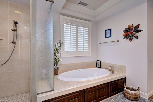 509 River Blfs, Williamsburg, VA 23185 - full bathroom featuring a stall shower, a jetted tub, and crown molding