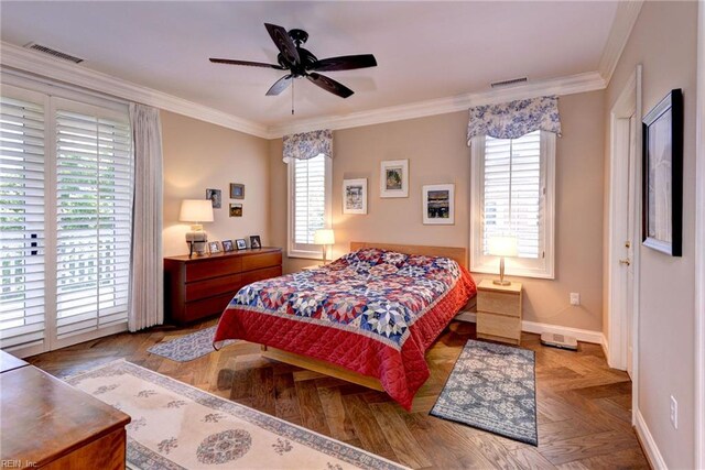 509 River Blfs, Williamsburg, VA 23185 - bedroom with multiple windows, crown molding, baseboards, and ceiling fan