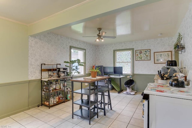 428 Macdonald Cres, Norfolk, VA 23505 - dining room with wallpapered walls, healthy amount of natural light, ceiling fan, light tile patterned floors, and a wainscoted wall