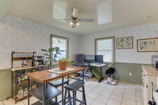 428 Macdonald Cres, Norfolk, VA 23505 - dining area with wallpapered walls, ceiling fan, light tile patterned floors, and baseboards