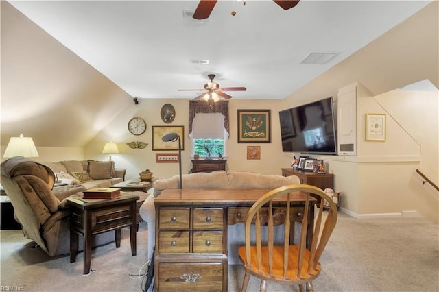 210 John Pott Dr, Williamsburg, VA 23188 - living room with a ceiling fan, carpet floors, vaulted ceiling, and baseboards