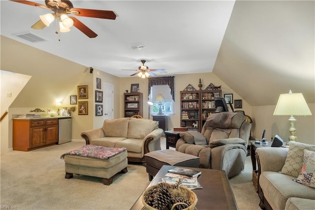 210 John Pott Dr, Williamsburg, VA 23188 - living room with ceiling fan, light colored carpet, and vaulted ceiling