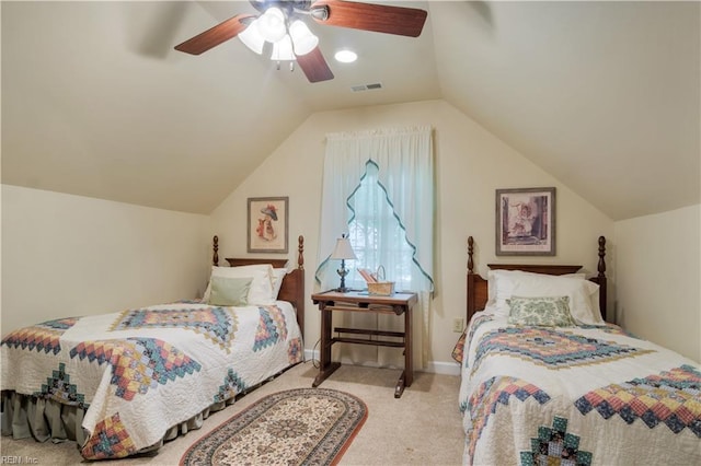 210 John Pott Dr, Williamsburg, VA 23188 - carpeted bedroom featuring vaulted ceiling, ceiling fan, and baseboards