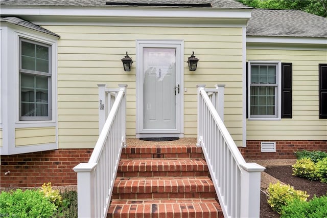 210 John Pott Dr, Williamsburg, VA 23188 - doorway to property with a shingled roof and crawl space