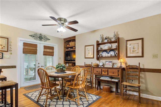 210 John Pott Dr, Williamsburg, VA 23188 - dining room featuring a ceiling fan, light wood finished floors, french doors, and baseboards