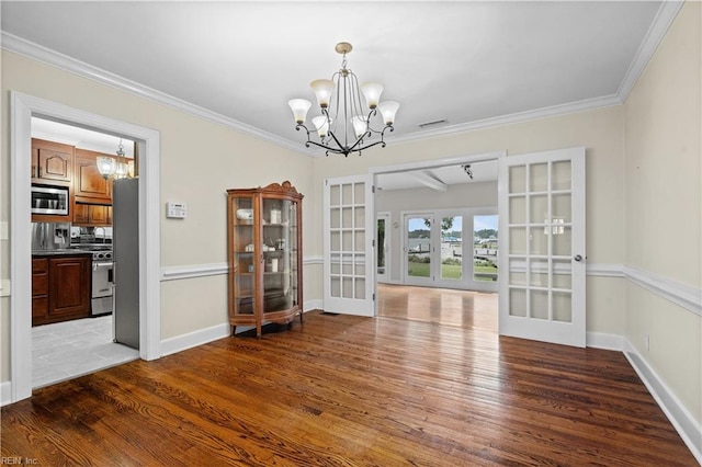 6414 Wythe Pl, Norfolk, VA 23508 - unfurnished dining area featuring french doors, a chandelier, wood finished floors, baseboards, and ornamental molding