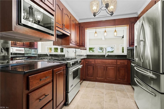 6414 Wythe Pl, Norfolk, VA 23508 - kitchen with stainless steel appliances, a sink, dark countertops, a chandelier, and crown molding