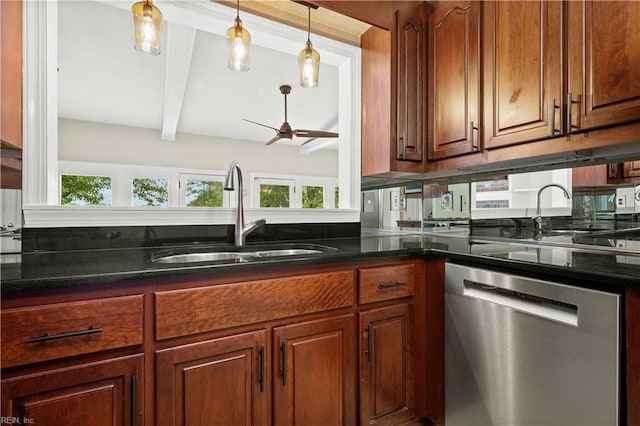 6414 Wythe Pl, Norfolk, VA 23508 - kitchen featuring dishwasher, a sink, beam ceiling, ceiling fan, and dark stone counters