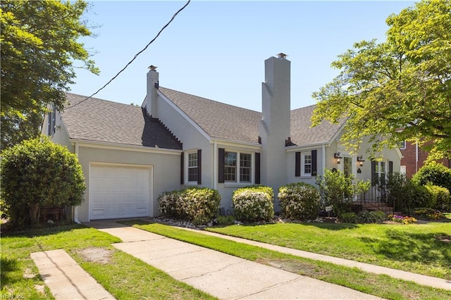 6414 Wythe Pl, Norfolk, VA 23508 - view of front of house with a garage, driveway, a front yard, a shingled roof, and a chimney