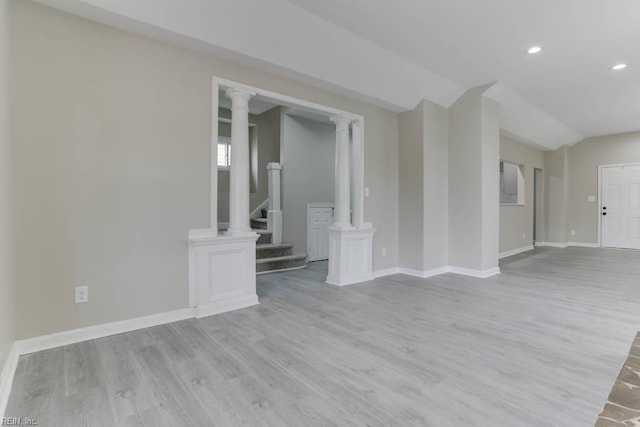 814 E 26th St, Norfolk, VA 23504 - unfurnished room with light wood-style flooring, lofted ceiling, baseboards, stairs, and recessed lighting