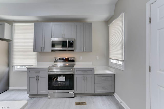 814 E 26th St, Norfolk, VA 23504 - kitchen with stainless steel appliances, gray cabinetry, and light wood-type flooring