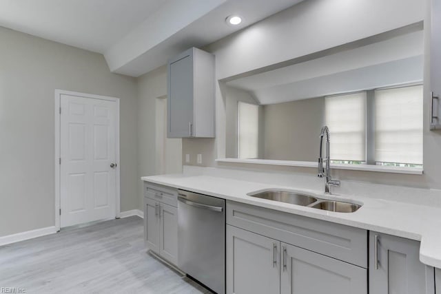 814 E 26th St, Norfolk, VA 23504 - kitchen with stainless steel dishwasher, a sink, light countertops, gray cabinetry, and light wood finished floors