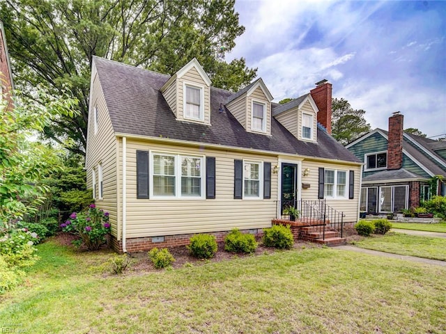 203 Sinclair St, Norfolk, VA 23505 - cape cod-style house with a front lawn, crawl space, and a chimney