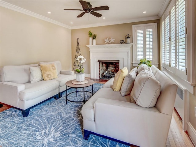 203 Sinclair St, Norfolk, VA 23505 - living room featuring wood finished floors, a ceiling fan, a fireplace with flush hearth, recessed lighting, and ornamental molding