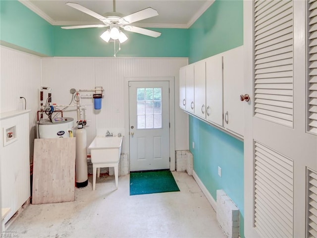 203 Sinclair St, Norfolk, VA 23505 - laundry area with ceiling fan, crown molding, a sink, and water heater