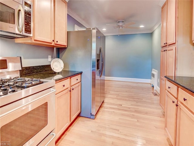 203 Sinclair St, Norfolk, VA 23505 - kitchen featuring appliances with stainless steel finishes, a ceiling fan, ornamental molding, light brown cabinetry, and recessed lighting