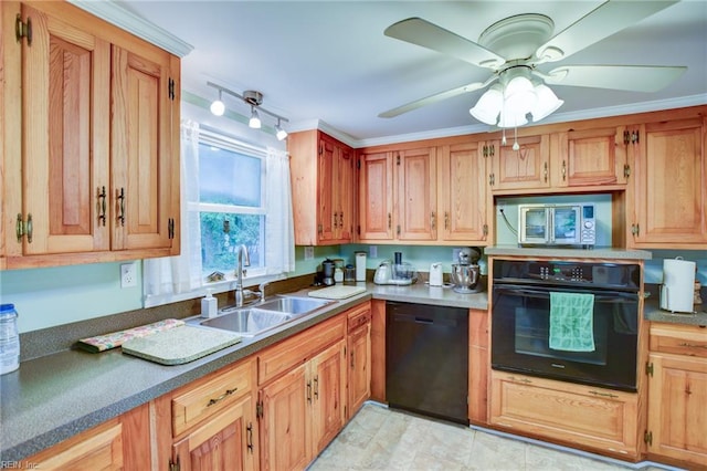 9206 Dixon Rd, Suffolk, VA 23433 - kitchen with black appliances, a sink, and a ceiling fan