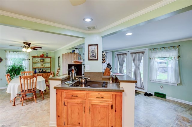 9206 Dixon Rd, Suffolk, VA 23433 - kitchen with black electric cooktop, ornamental molding, baseboards, ceiling fan, and recessed lighting