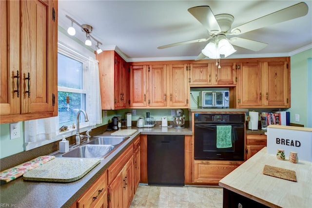 9206 Dixon Rd, Suffolk, VA 23433 - kitchen with black appliances, a sink, a ceiling fan, light countertops, and brown cabinets