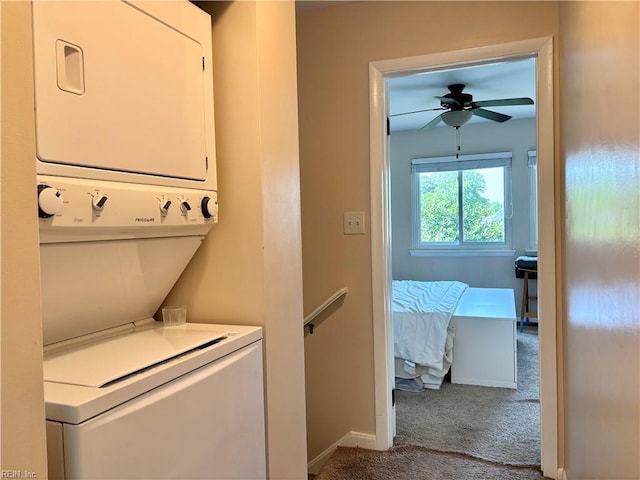 232 Mill Point Dr, Hampton, VA 23669 - washroom with stacked washer / drying machine, carpet floors, a ceiling fan, and baseboards