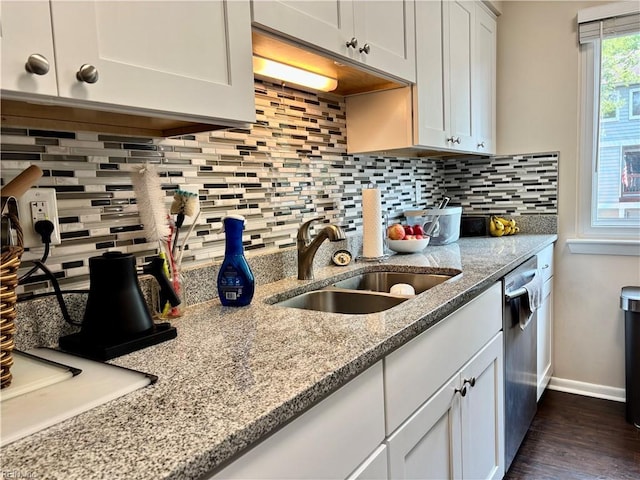 232 Mill Point Dr, Hampton, VA 23669 - kitchen with a sink, dishwasher, backsplash, and light stone countertops
