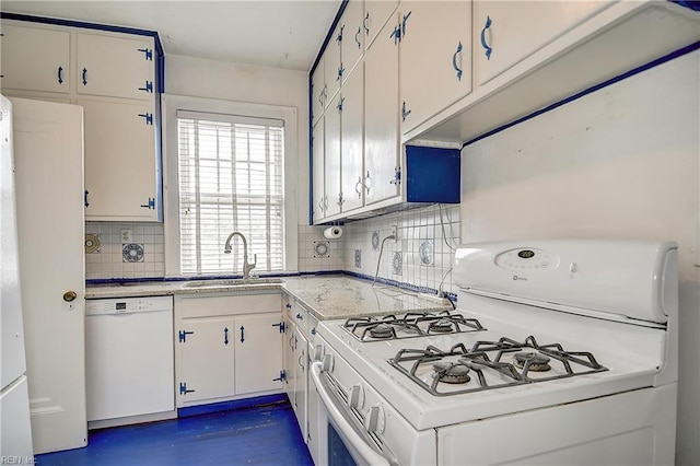 751 Shirley Ave, Norfolk, VA 23517 - kitchen featuring white appliances, a sink, tasteful backsplash, white cabinets, and wood finished floors