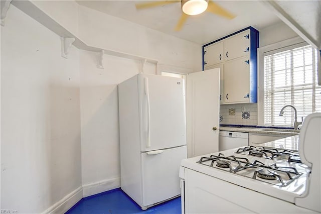 751 Shirley Ave, Norfolk, VA 23517 - kitchen featuring white appliances, a sink, ceiling fan, white cabinetry, and backsplash