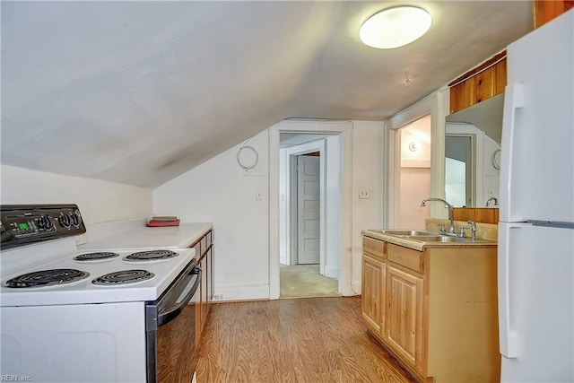 751 Shirley Ave, Norfolk, VA 23517 - kitchen featuring white appliances, a sink, light wood finished floors, light countertops, and lofted ceiling