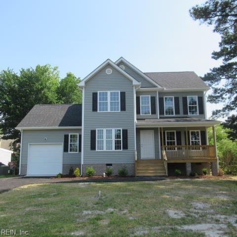 2915 Berkley Ave, Chesapeake, VA 23325 - view of front of property with a garage, covered porch, asphalt driveway, a front lawn, and crawl space