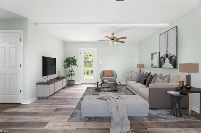 2915 Berkley Ave, Chesapeake, VA 23325 - living room with beamed ceiling, a ceiling fan, wood finished floors, and baseboards