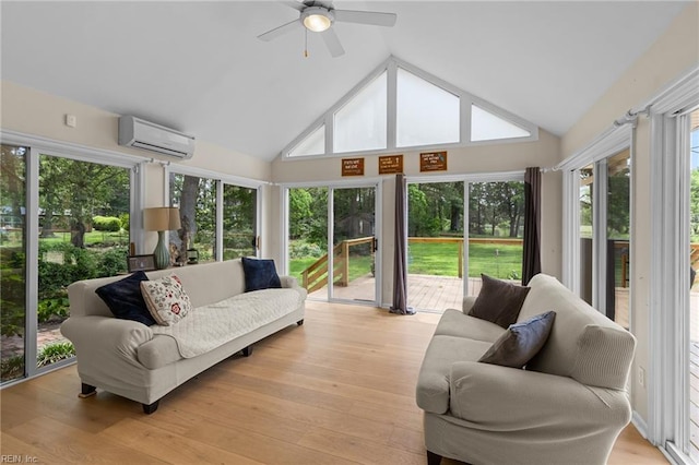5409 Challedon Dr, Virginia Beach, VA 23462 - sunroom with a wall mounted AC, plenty of natural light, wood finished floors, and high vaulted ceiling