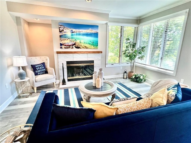 30 Brough Ln # 301, Hampton, VA 23669 - living room featuring a fireplace, baseboards, crown molding, and wood finished floors