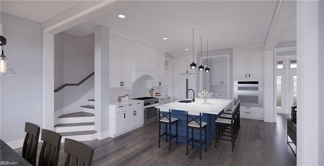 814 Calthrop Neck Rd, Yorktown, VA 23693 - kitchen featuring high end stainless steel range, decorative backsplash, light countertops, white cabinetry, and recessed lighting