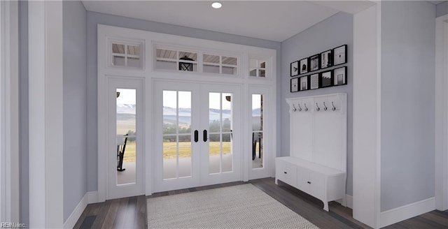 814 Calthrop Neck Rd, Yorktown, VA 23693 - mudroom featuring french doors, dark wood-style floors, and baseboards