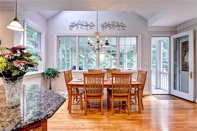 2081 Harpers Ml, Williamsburg, VA 23185 - dining space with a chandelier, light wood-type flooring, and vaulted ceiling